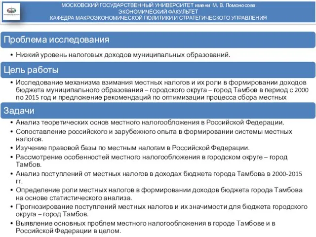 МОСКОВСКИЙ ГОСУДАРСТВЕННЫЙ УНИВЕРСИТЕТ имени М. В. Ломоносова ЭКОНОМИЧЕСКИЙ ФАКУЛЬТЕТ КАФЕДРА МАКРОЭКОНОМИЧЕСКОЙ ПОЛИТИКИ И СТРАТЕГИЧЕСКОГО УПРАВЛЕНИЯ