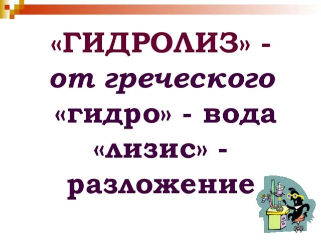 «ГИДРОЛИЗ» - от греческого «гидро» - вода «лизис» - разложение