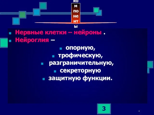 * Структурные компоненты нервной ткани Нервные клетки – нейроны . Нейроглия