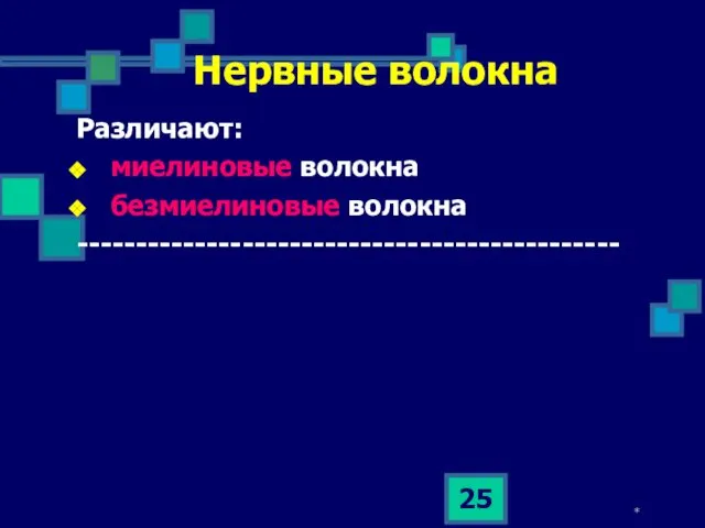 * Нервные волокна Различают: миелиновые волокна безмиелиновые волокна ---------------------------------------------- В ЦНС