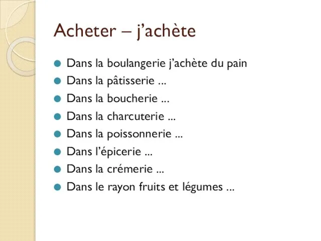 Acheter – j’achète Dans la boulangerie j’achète du pain Dans la