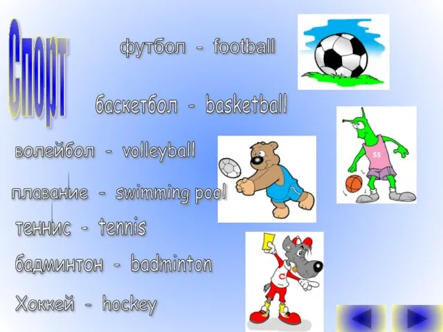 Спорт футбол - football баскетбол - basketball волейбол - volleyball плавание