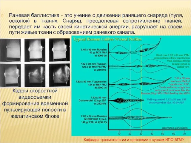 Раневая баллистика - это учение о движении ранящего снаряда (пуля, осколок)