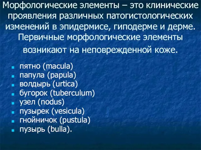 Морфологические элементы – это клинические проявления различных патогистологических изменений в эпидермисе,