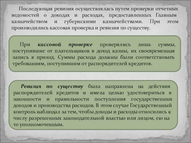 Последующая ревизия осуществлялась путем проверки отчетных ведомостей о доходах и расходах,