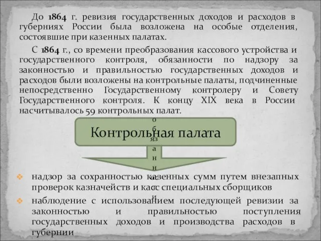 До 1864 г. ревизия государственных доходов и расходов в губерниях России