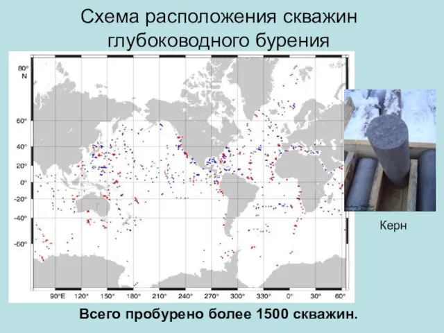 Схема расположения скважин глубоководного бурения Всего пробурено более 1500 скважин. Керн