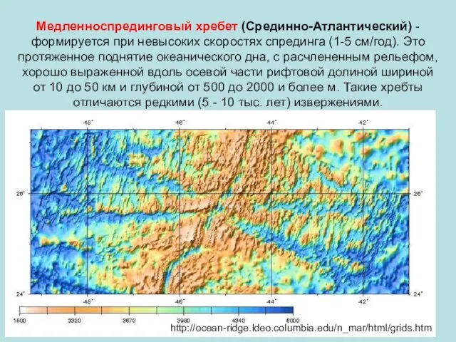 Медленноспрединговый хребет (Срединно-Атлантический) - формируется при невысоких скоростях спрединга (1-5 см/год).