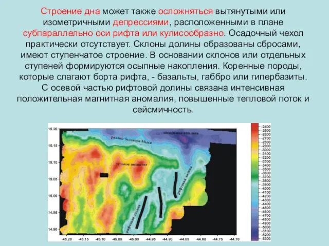 Строение дна может также осложняться вытянутыми или изометричными депрессиями, расположенными в