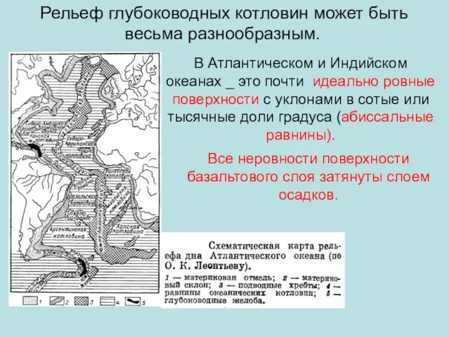 Рельеф глубоководных котловин может быть весьма разнообразным. В Атлантическом и Индийском