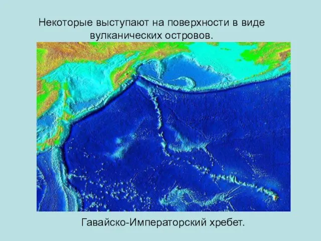 Некоторые выступают на поверхности в виде вулканических островов. Гавайско-Императорский хребет.