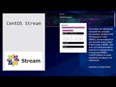 CentOS Stream Постоянно поставляемый дистрибутив, который отслеживает развитие Red Hat Enterprise