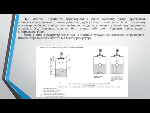 При монтажі первинних перетворювачів рівня особливу увагу приділяють встановленню поплавка строго
