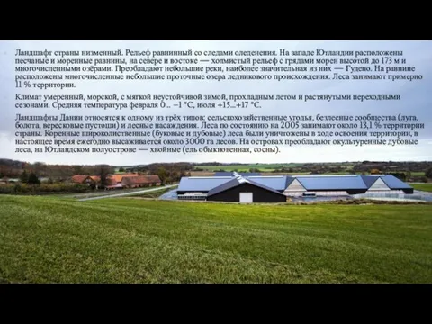 Ландшафт страны низменный. Рельеф равнинный со следами оледенения. На западе Ютландии