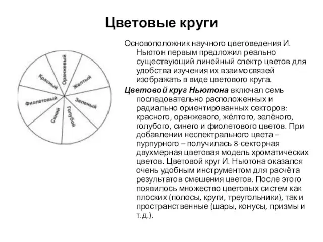 Цветовые круги Основоположник научного цветоведения И. Ньютон первым предложил реально существующий