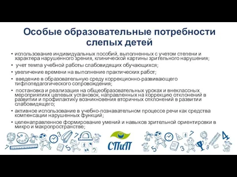 Особые образовательные потребности слепых детей использование индивидуальных пособий, выполненных с учетом