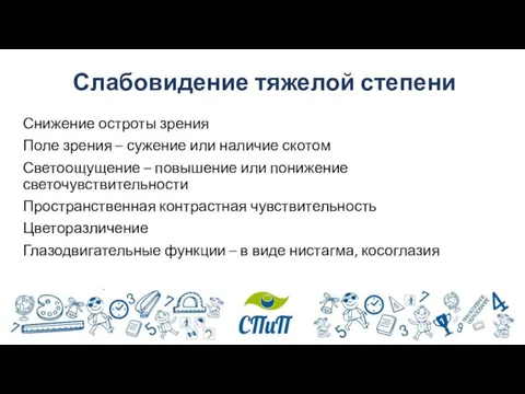 Слабовидение тяжелой степени Снижение остроты зрения Поле зрения – сужение или