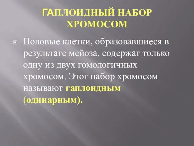 ГАПЛОИДНЫЙ НАБОР ХРОМОСОМ Половые клетки, образовавшиеся в результате мейоза, содержат только