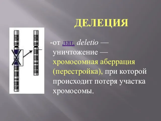 ДЕЛЕЦИЯ от лат. deletio — уничтожение — хромосомная аберрация (перестройка), при которой происходит потеря участка хромосомы.