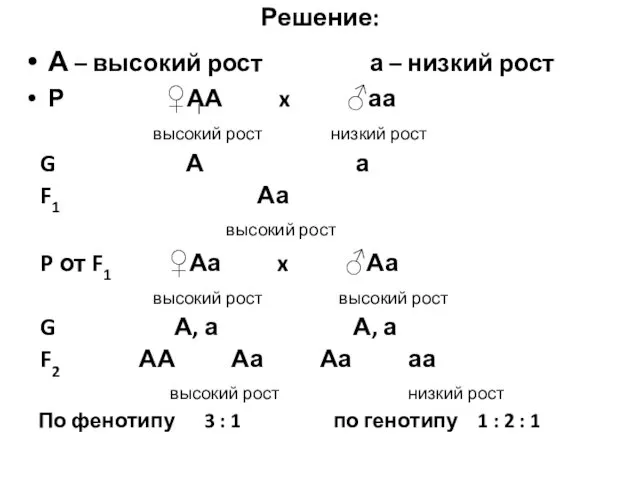 Решение: А – высокий рост а – низкий рост Р ♀АА