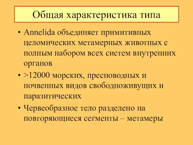 Общая характеристика типа Annelida объединяет примитивных целомических метамерных животных с полным