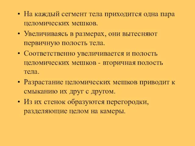 На каждый сегмент тела приходится одна пара целомических мешков. Увеличиваясь в