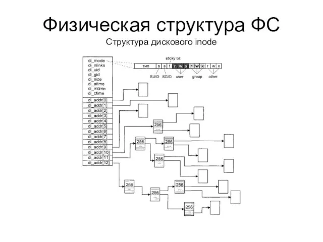 Физическая структура ФС Структура дискового inode