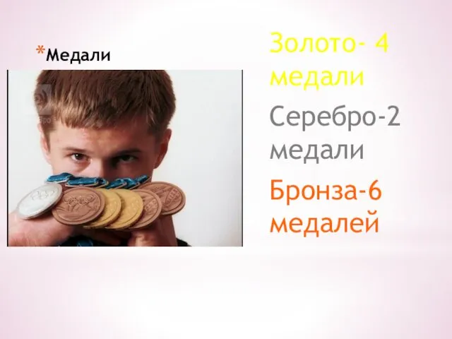 Медали Золото- 4 медали Серебро-2 медали Бронза-6 медалей