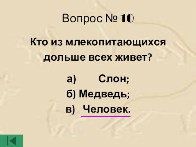 Вопрос № 10 Кто из млекопитающихся дольше всех живет? а) Слон; б) Медведь; в) Человек.