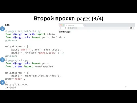 Второй проект: pages (3/4) URL # pages_project/urls.py from django.contrib import admin