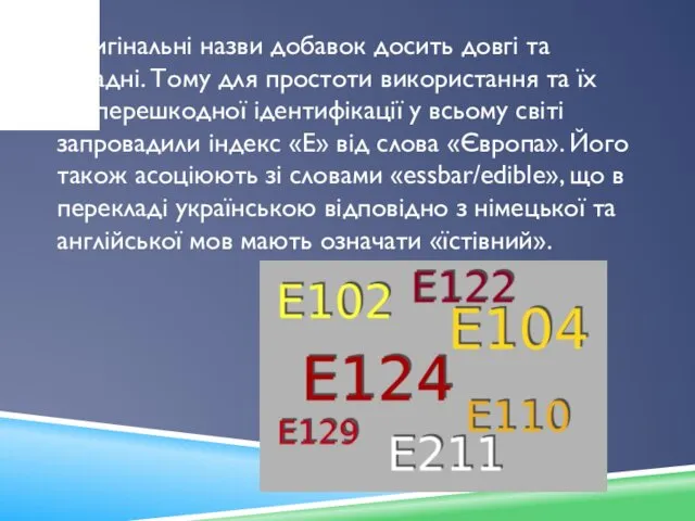 Оригінальні назви добавок досить довгі та складні. Тому для простоти використання