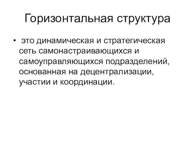 Горизонтальная структура это динамическая и стратегическая сеть самонастраивающихся и самоуправляющихся подразделений,