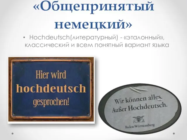 «Общепринятый немецкий» Hochdeutsch(литературный) - «эталонный», классический и всем понятный вариант языка