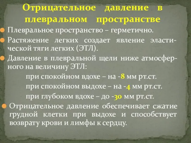 Плевральное пространство – герметично. Растяжение легких создает явление эласти-ческой тяги легких