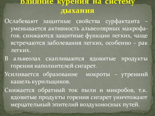 Ослабевают защитные свойства сурфактанта – уменьшается активность альвеолярных макрофа-гов, снижаются защитные