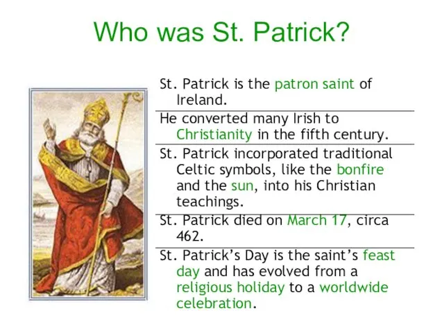 Who was St. Patrick? St. Patrick is the patron saint of