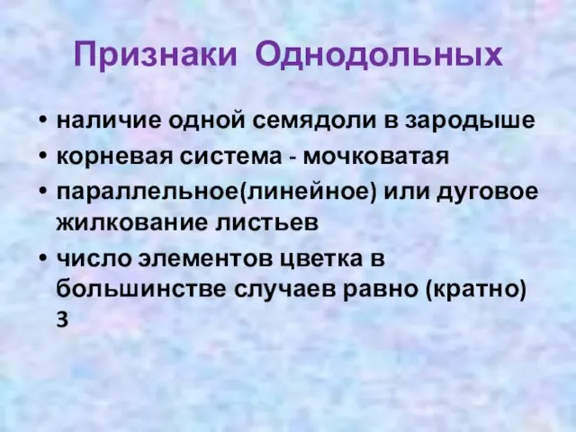 Признаки Однодольных наличие одной семядоли в зародыше корневая система - мочковатая