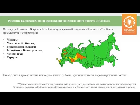 Развитие Всероссийского природоохранного социального проекта «Экобокс» На текущий момент Всероссийский природоохранный