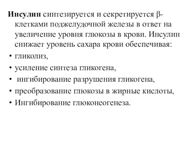 Инсулин синтезируется и секретируется β-клетками поджелудочной железы в ответ на увеличение