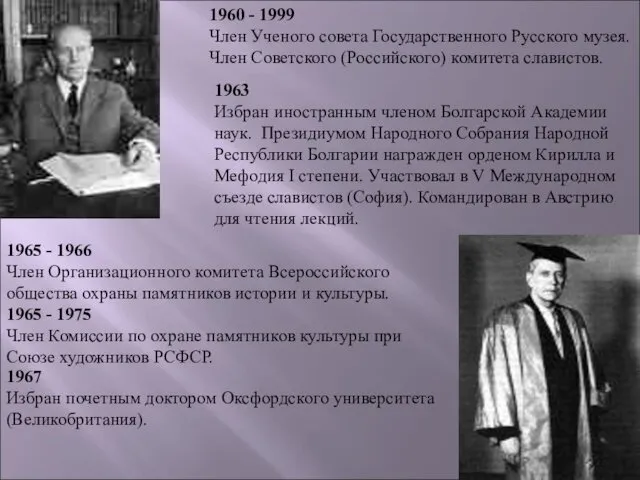 1960 - 1999 Член Ученого совета Государственного Русского музея. Член Советского