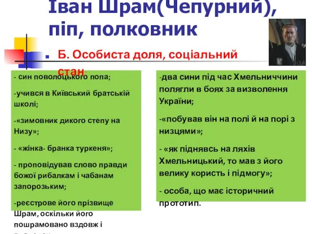 Іван Шрам(Чепурний), піп, полковник - син поволоцького попа; -учився в Київський