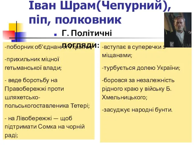 Іван Шрам(Чепурний), піп, полковник -поборник об’єднання України; -прихильник міцної гетьманської влади;