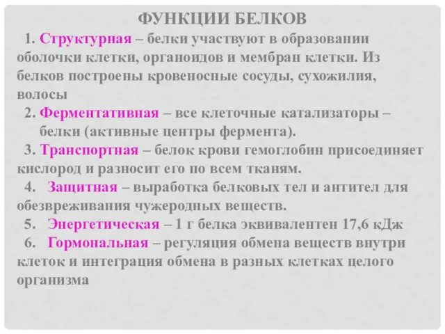 ФУНКЦИИ БЕЛКОВ 1. Структурная – белки участвуют в образовании оболочки клетки,