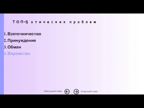 Взяточничество Принуждение Обман Воровство Следующий слайд Предыдущий слайд ТОП-5 этических проблем