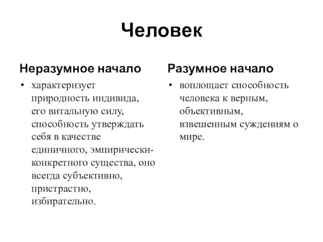 Человек Неразумное начало характеризует природность индивида, его витальную силу, способность утверждать