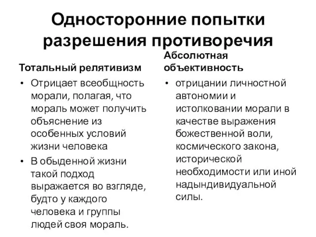 Односторонние попытки разрешения противоречия Тотальный релятивизм Отрицает всеобщность морали, полагая, что