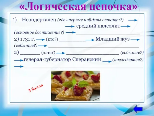 «Логическая цепочка» Неандерталец (где впервые найдены останки?) ____________ средний палеолит (основное