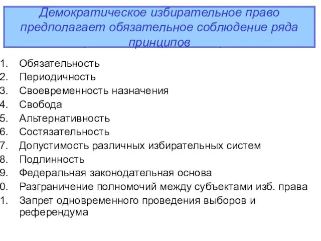 Принципы организации и проведения выборов Обязательность Периодичность Своевременность назначения Свобода Альтернативность