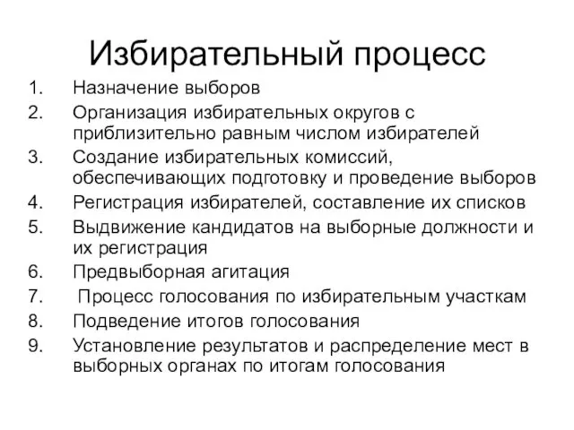 Избирательный процесс Назначение выборов Организация избирательных округов с приблизительно равным числом