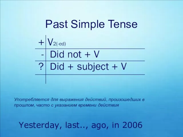 Past Simple Tense Yesterday, last.., ago, in 2006 + V2(-ed) -